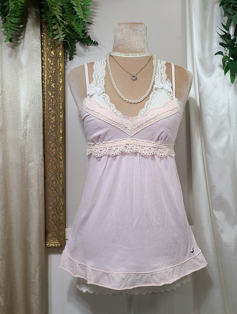 Baby Pink♡ Y2K ♡ Hollister Eyelet Lace Babydoll Tank Top 100% Cotton Rare